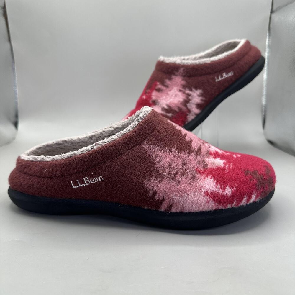 L.L.Bean Daybreak Scuffs Motif Fleece Clog Slippers Womens Size 8 Red Mules